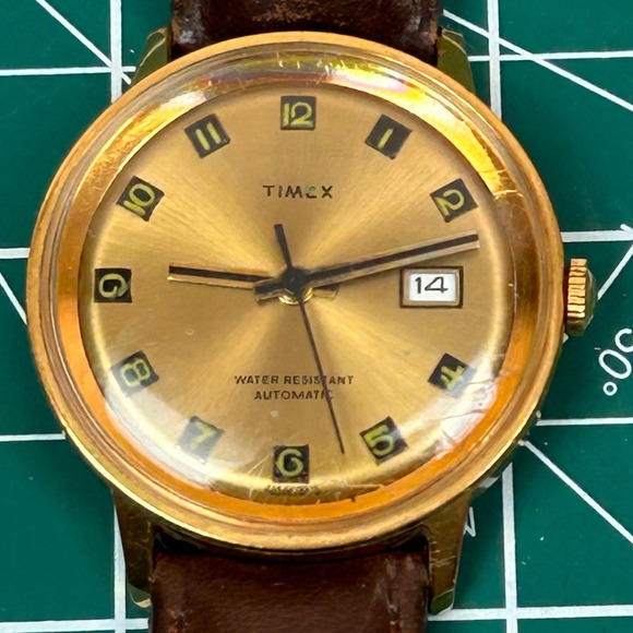 Vintage Timex Automatic Gold Tone Men's Watch Date Window Brown Leather Strap